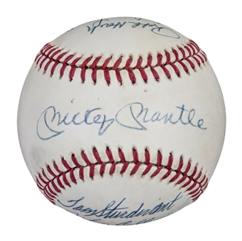 New York Yankees Hall of Famers & Stars Multi Signed OAL Brown Baseball with 9 Signatures Including Mantle, Slaughter & Ford (JSA)